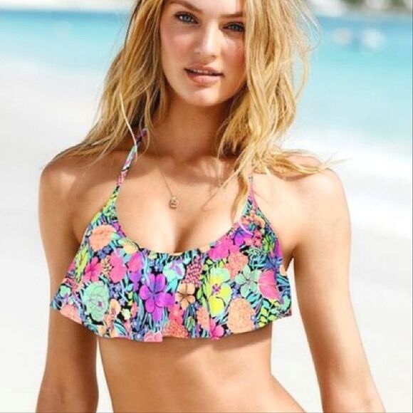 Victoria's Secret 2014 Tropical Ruffle Bandeau Bikini Swim Top Medium - Picture 1 of 7